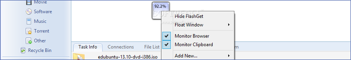 Showing the FlashGet float window options